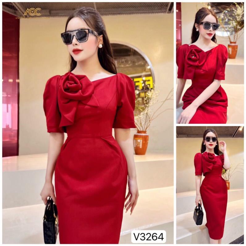 Đầm body tay con đính hoa hồng lớn cao cấp