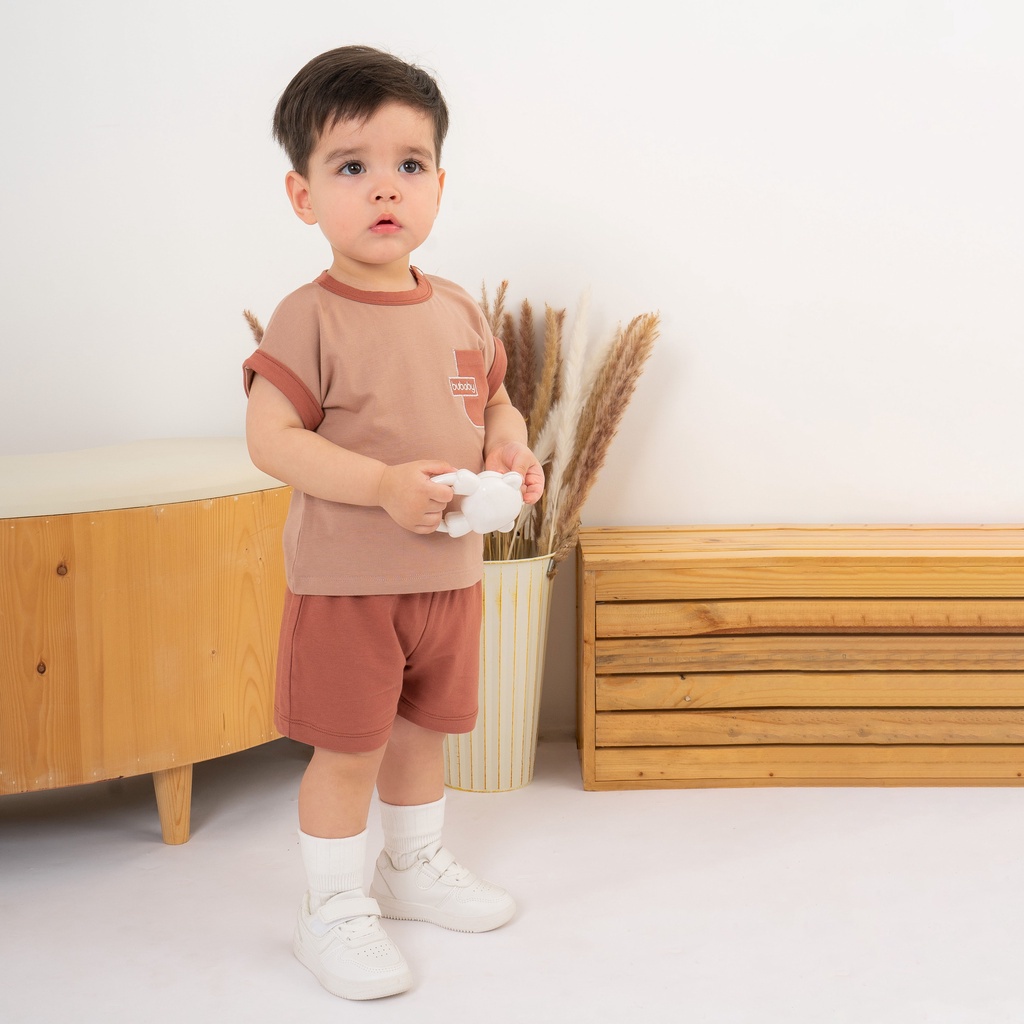 Bộ quần áo ngắn tay cài vai, túi ngực Brownie BOC130100 | Quần áo BU Baby chính hãng