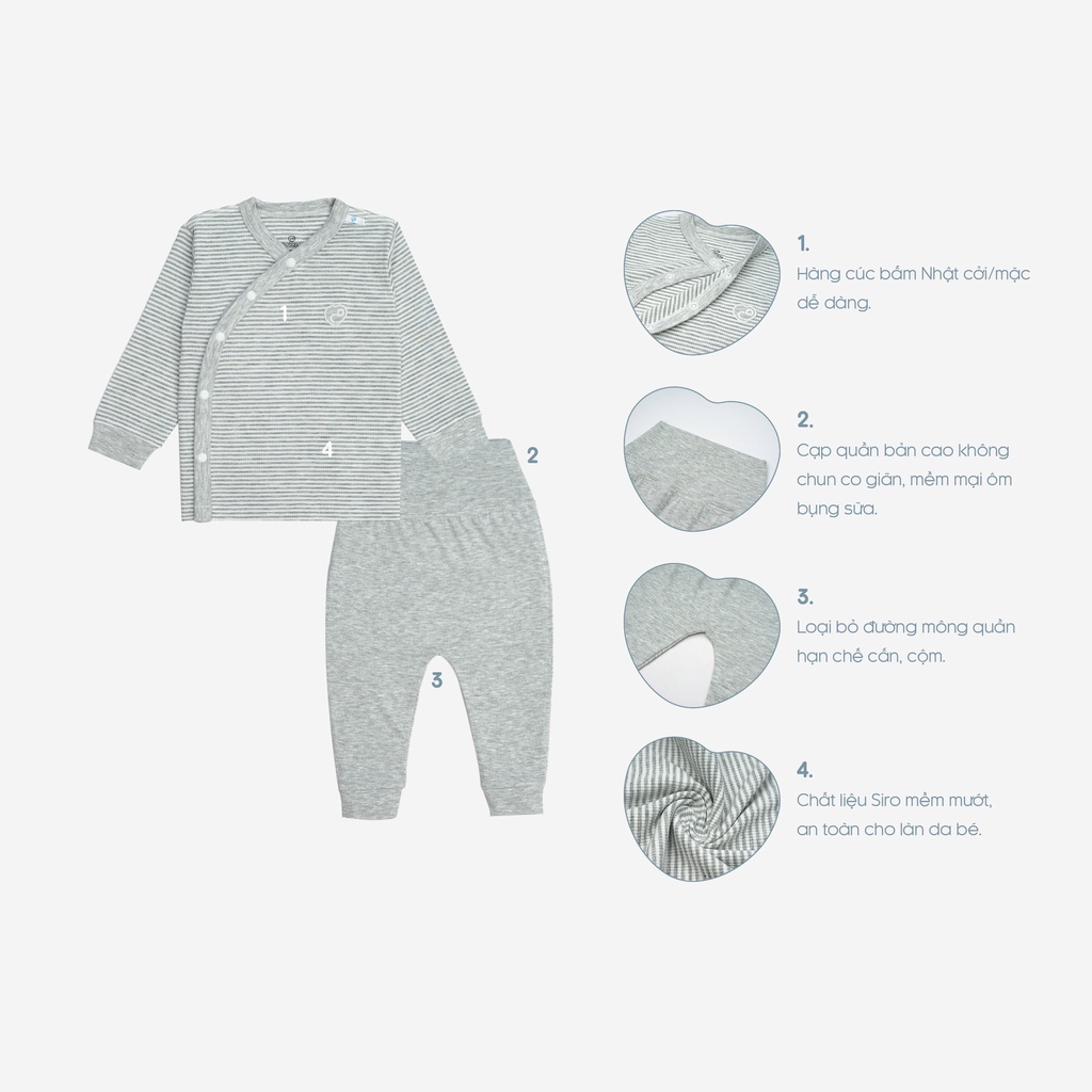 Bộ Quần Áo Sơ Sinh cho bé, bộ sơ sinh cài cúc chéo chất liệu Siro Cotton BU Baby BSR110800 | Quần áo BU Baby chính hãng