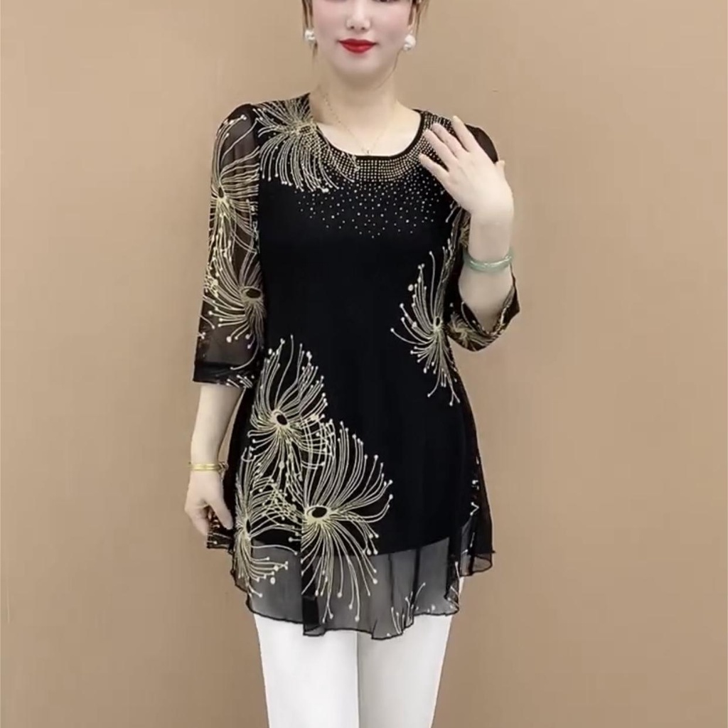 Áo Sơ Mi Chiffon Tay Lửng In Họa Tiết Thời Trang Cho Phụ Nữ Trung Niên