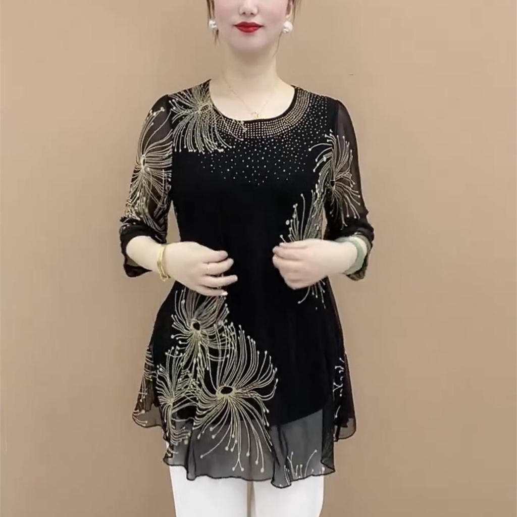 Áo Sơ Mi Chiffon Tay Lửng In Họa Tiết Thời Trang Cho Phụ Nữ Trung Niên