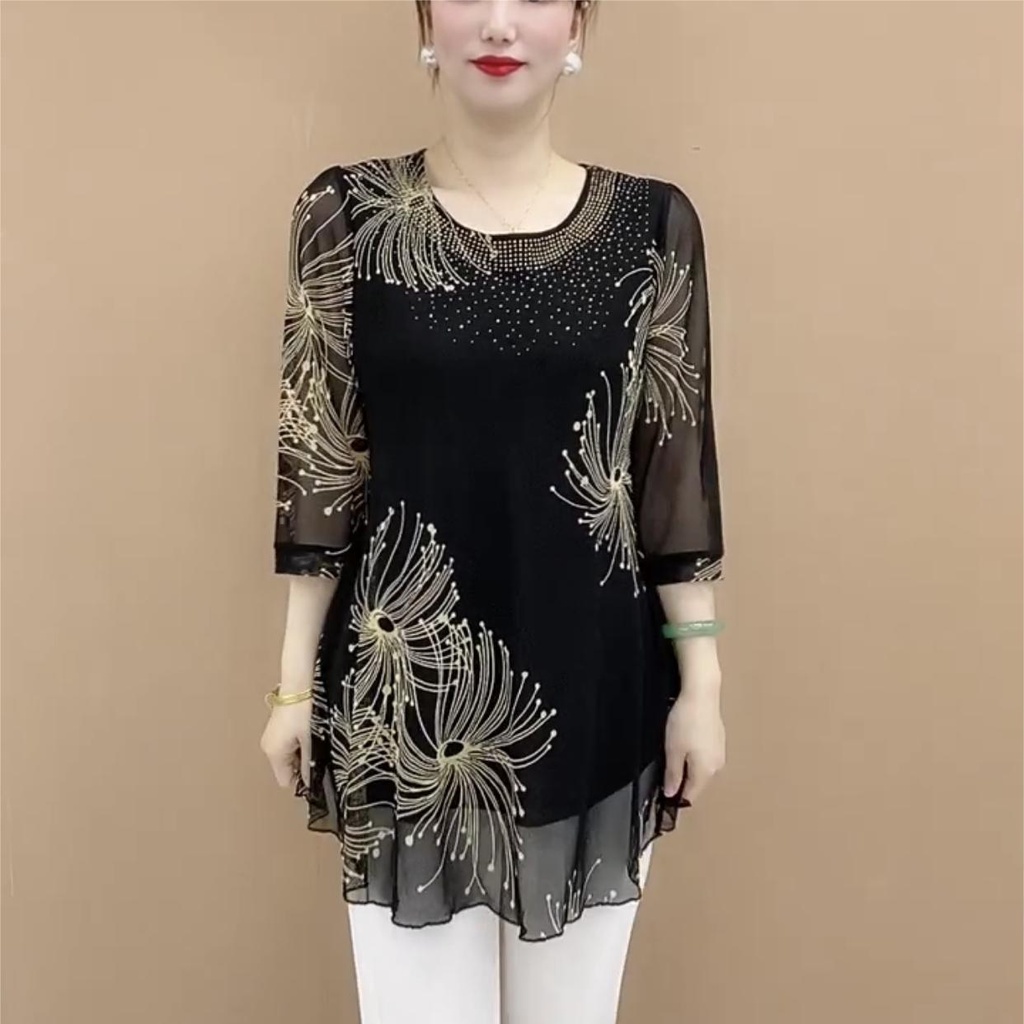 Áo Sơ Mi Chiffon Tay Lửng In Họa Tiết Thời Trang Cho Phụ Nữ Trung Niên