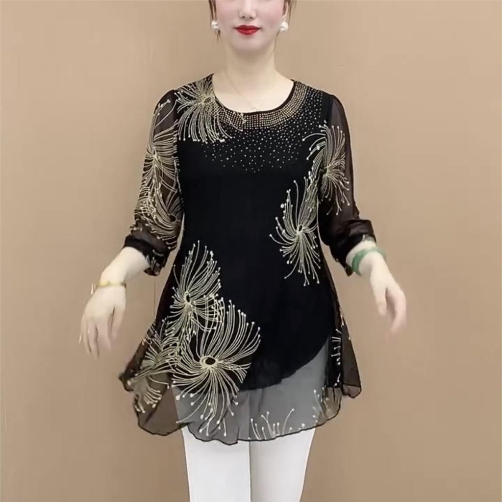 Áo Sơ Mi Chiffon Tay Lửng In Họa Tiết Thời Trang Cho Phụ Nữ Trung Niên