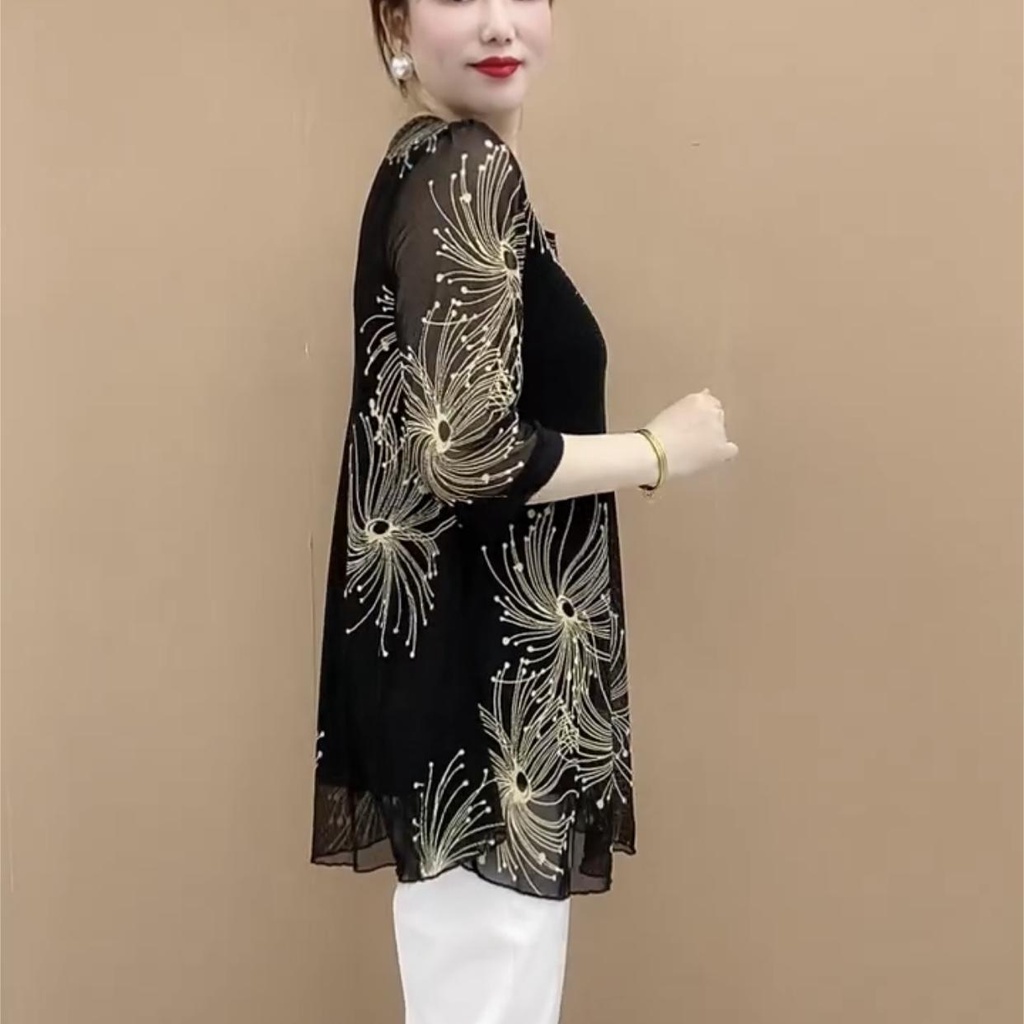 Áo Sơ Mi Chiffon Tay Lửng In Họa Tiết Thời Trang Cho Phụ Nữ Trung Niên