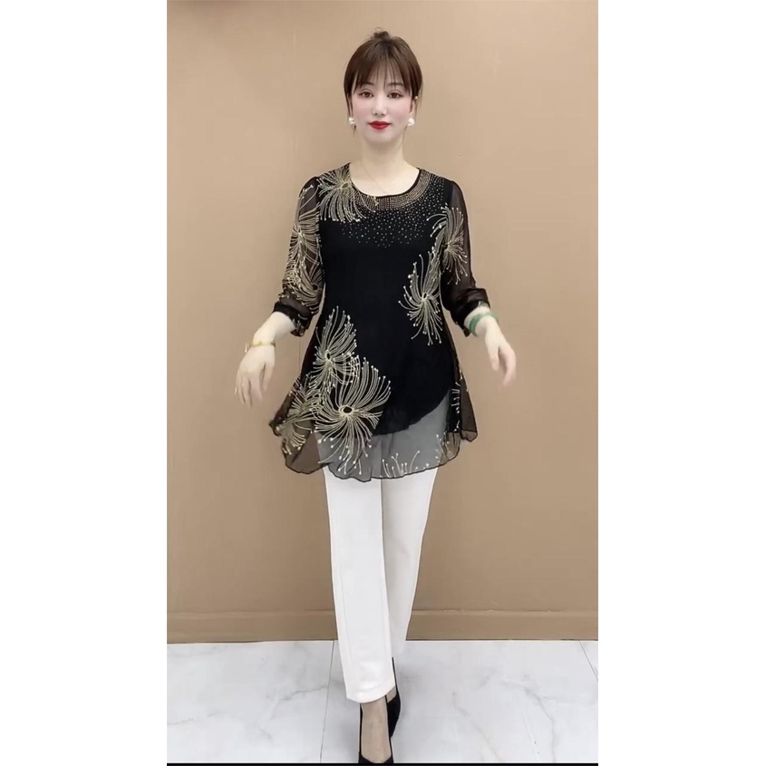 Áo Sơ Mi Chiffon Tay Lửng In Họa Tiết Thời Trang Cho Phụ Nữ Trung Niên
