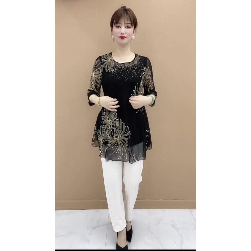 Áo Sơ Mi Chiffon Tay Lửng In Họa Tiết Thời Trang Cho Phụ Nữ Trung Niên