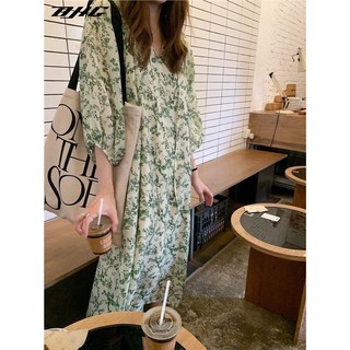 Đầm BJHG WAVW tay phồng cổ chữ V thắt dây in họa tiết hoa nhí xinh xắn thời trang hè cho nữ