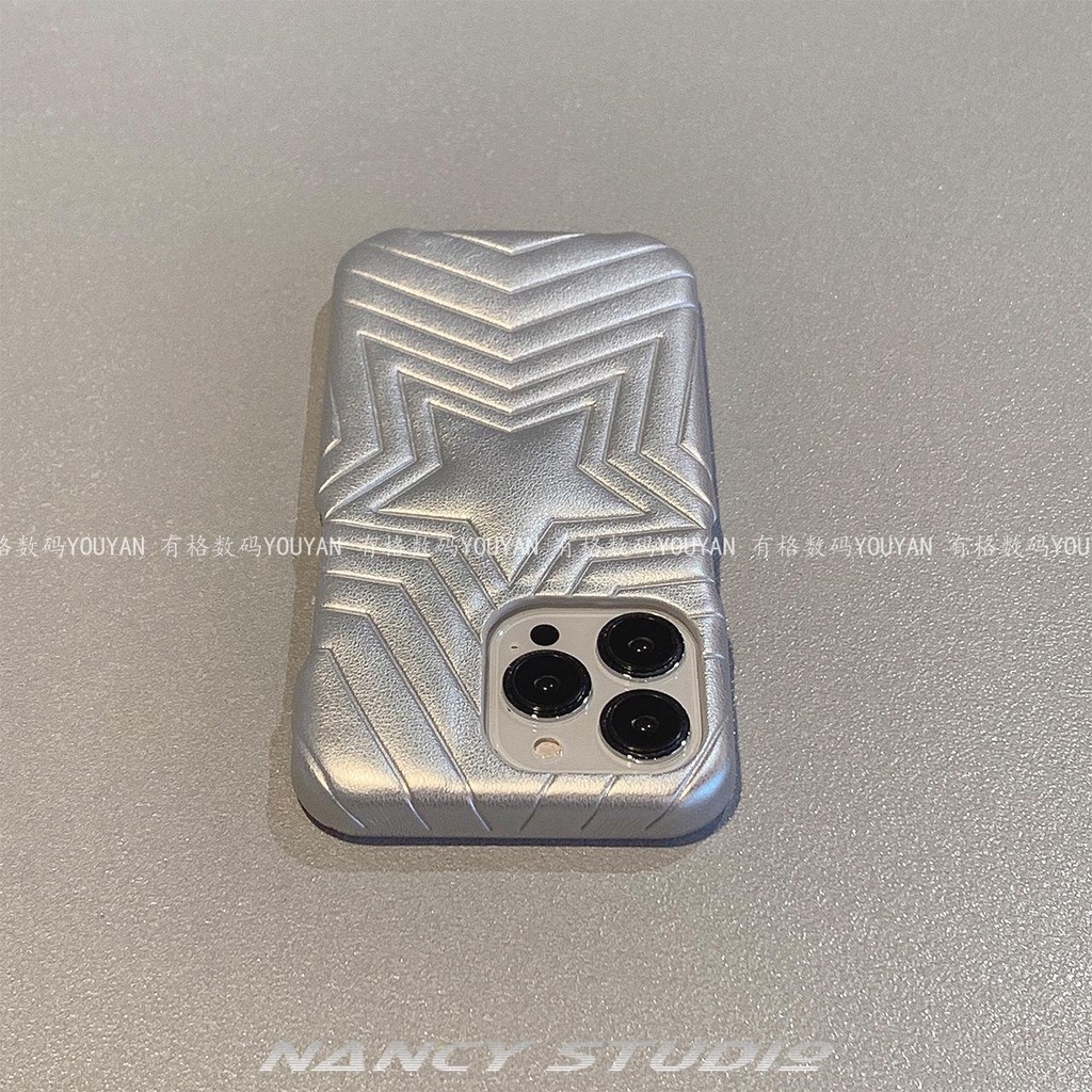 Ốp Điện Thoại Da Họa Tiết Ngôi Sao Màu Bạc Phong Cách Nhật Hàn Cho iPhone14 13 12promax 11