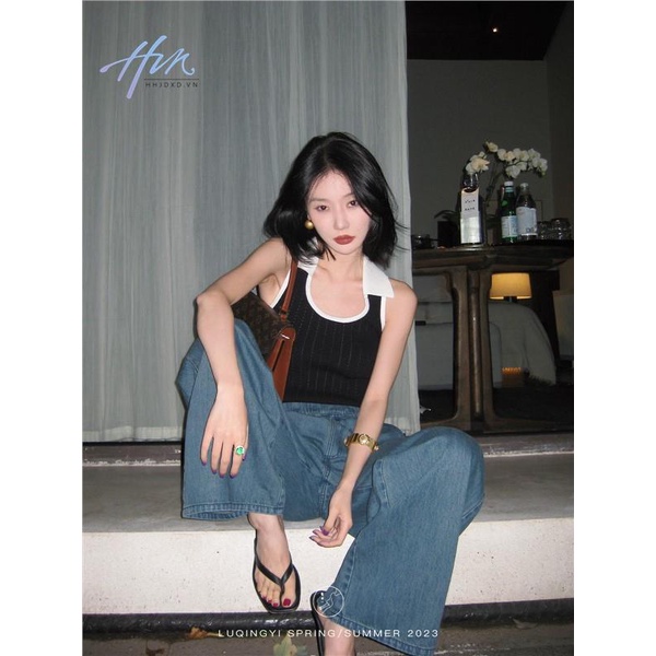 Áo Hai Dây Cổ polo Dáng Ôm Phong Cách Retro Dành Cho Nữ