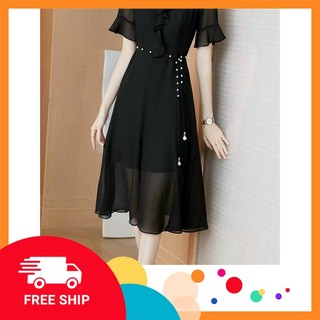 Váy đầm trung niên cho mẹ màu đen dáng dài tay lỡ mặc dự tiệc Linhnastore