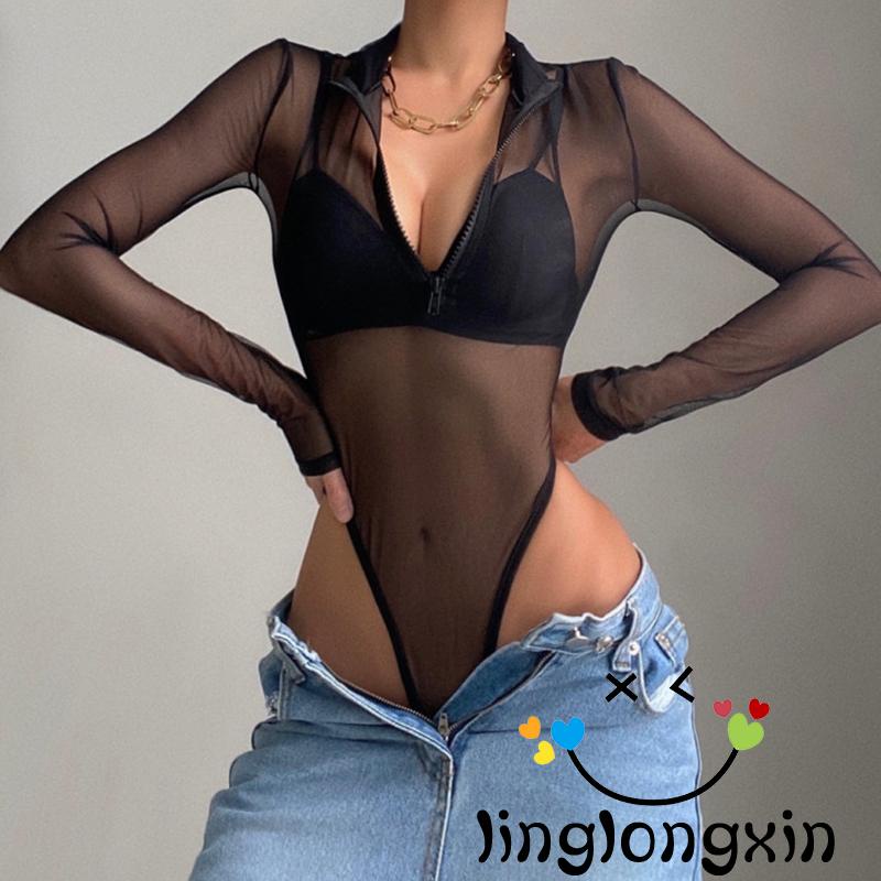 ♥JX☽Ladies Lapel Jumpsuit, Autumn Women Solid Color Mesh Perspective Long Sleeve Half Zipper Casual Bodysuit