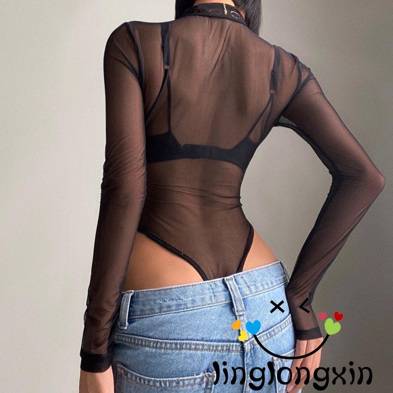 ♥JX☽Ladies Lapel Jumpsuit, Autumn Women Solid Color Mesh Perspective Long Sleeve Half Zipper Casual Bodysuit