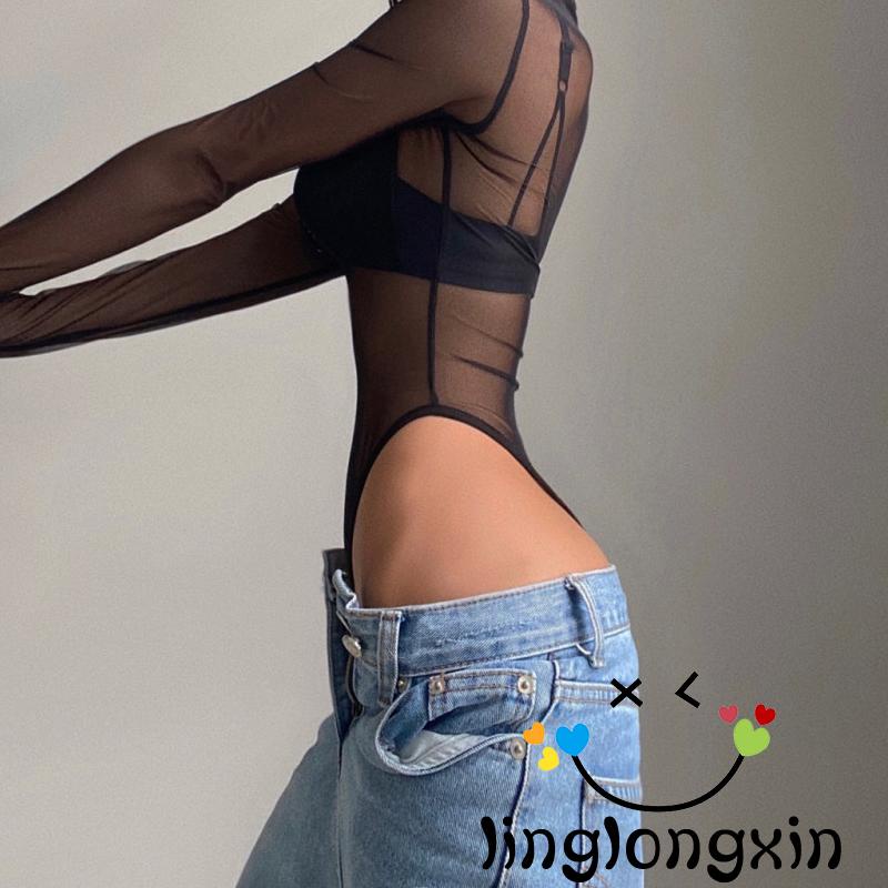 ♥JX☽Ladies Lapel Jumpsuit, Autumn Women Solid Color Mesh Perspective Long Sleeve Half Zipper Casual Bodysuit