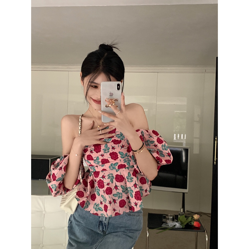 Áo Kiểu Trễ Vai Tay Phồng Ngắn In Họa Tiết Hoa Thời Trang Mùa Hè Xinh Xắn Cho Nữ