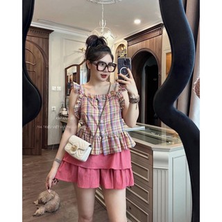 Set bộ nữ áo caro thô đũi 2 dây viền bèo bản to mix phần chân váy tầng hồng có quần lót siêu xinh shop q&q