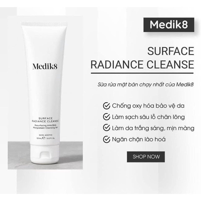 Sữa Rửa Mặt Có Chứa AHA/BHA Medik8 Surface Radiance Cleanse 150ML