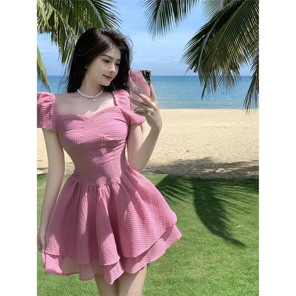 Đầm Ngắn Dáng Chữ a Tay Phồng Cổ Vuông Thời Trang Mùa Hè Phong Cách Pháp Hàng Mới Dành Cho Bạn Nữ
