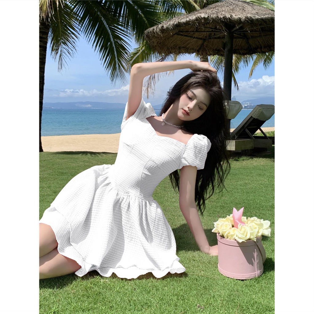 Đầm Ngắn Dáng Chữ a Tay Phồng Cổ Vuông Thời Trang Mùa Hè Phong Cách Pháp Hàng Mới Dành Cho Bạn Nữ