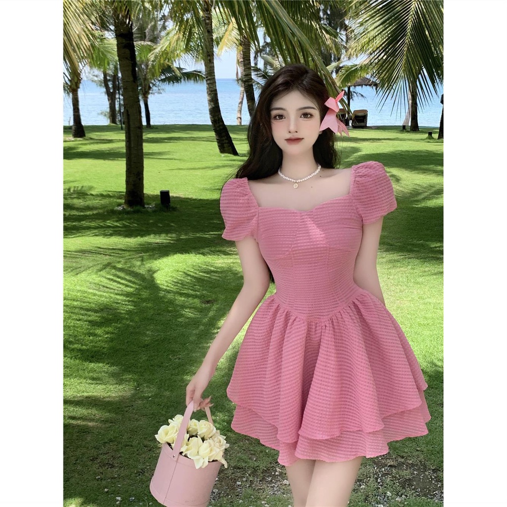 Đầm Ngắn Dáng Chữ a Tay Phồng Cổ Vuông Thời Trang Mùa Hè Phong Cách Pháp Hàng Mới Dành Cho Bạn Nữ