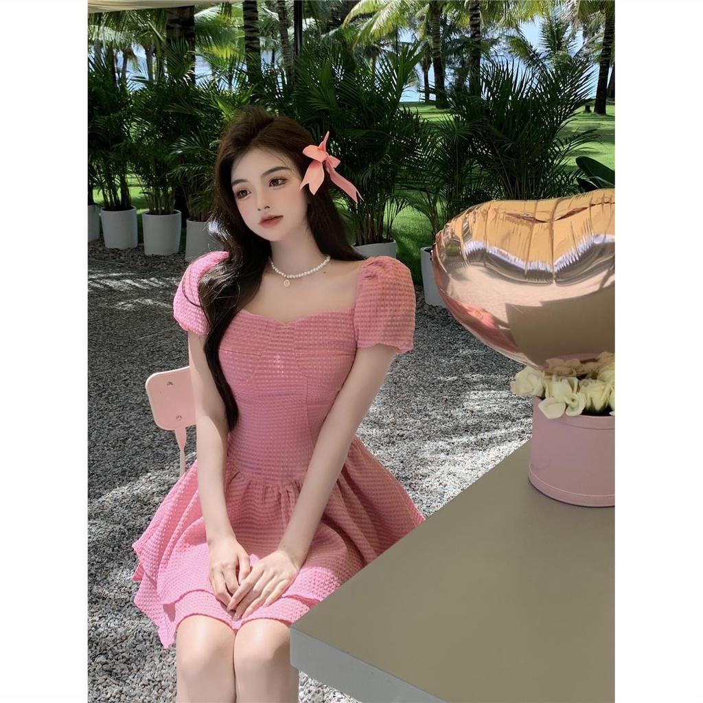 Đầm Ngắn Dáng Chữ a Tay Phồng Cổ Vuông Thời Trang Mùa Hè Phong Cách Pháp Hàng Mới Dành Cho Bạn Nữ