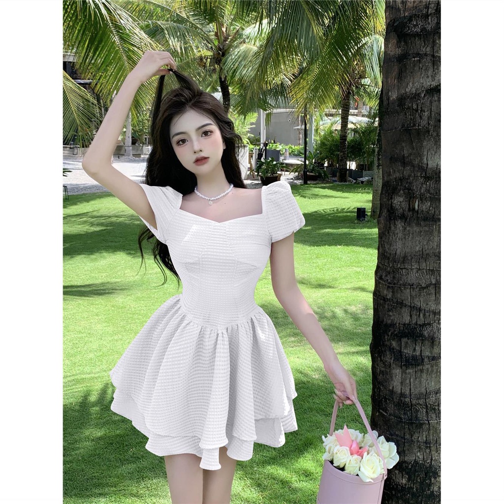 Đầm Ngắn Dáng Chữ a Tay Phồng Cổ Vuông Thời Trang Mùa Hè Phong Cách Pháp Hàng Mới Dành Cho Bạn Nữ