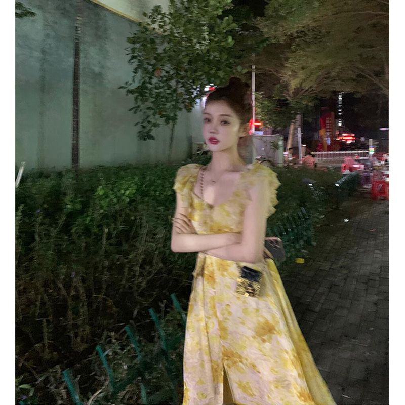 Đầm Hoa Ngắn Tay Nhấn Eo Thời Trang Dành Cho Nữ