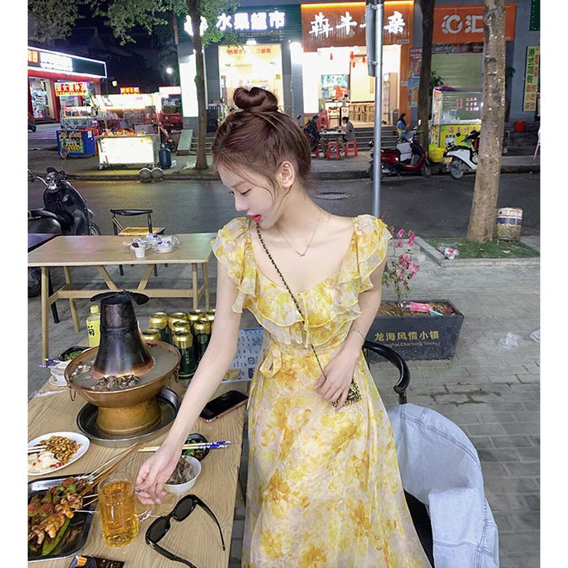 Đầm Hoa Ngắn Tay Nhấn Eo Thời Trang Dành Cho Nữ