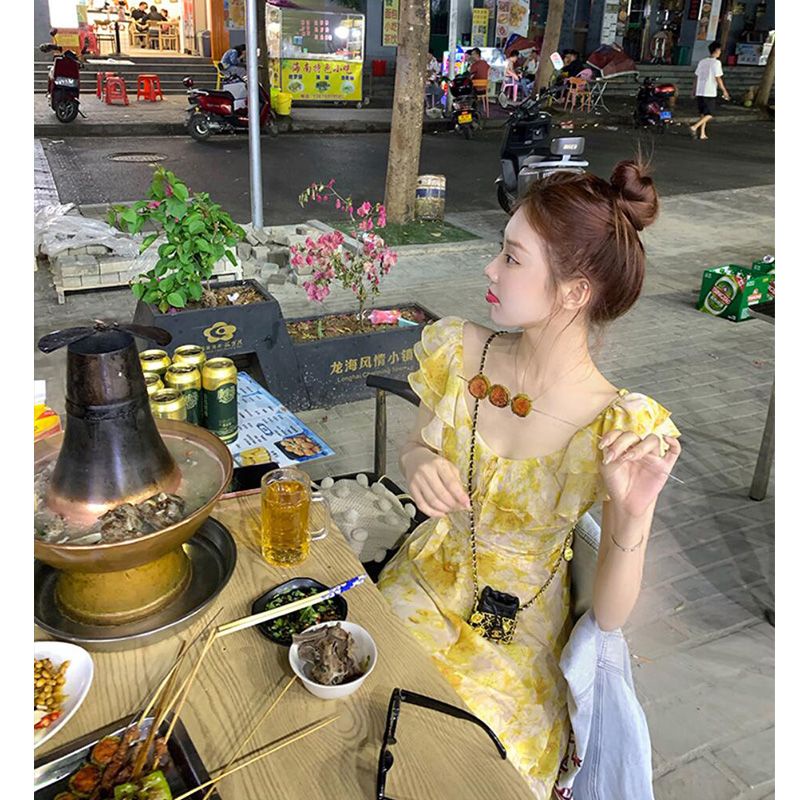 Đầm Hoa Ngắn Tay Nhấn Eo Thời Trang Dành Cho Nữ