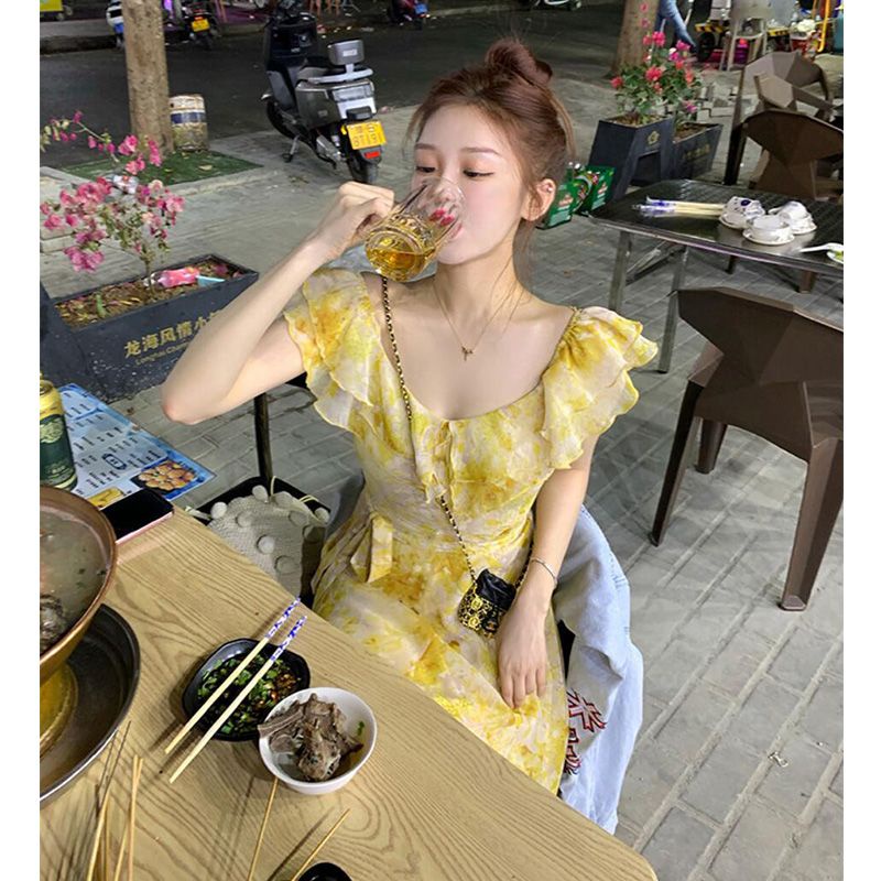 Đầm Hoa Ngắn Tay Nhấn Eo Thời Trang Dành Cho Nữ