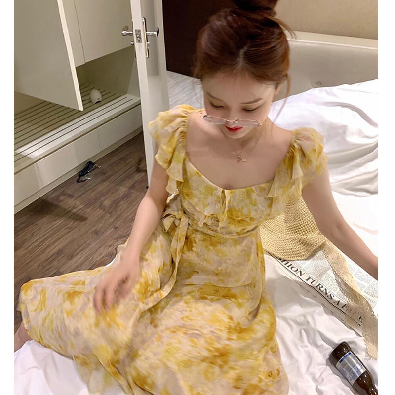 Đầm Hoa Ngắn Tay Nhấn Eo Thời Trang Dành Cho Nữ