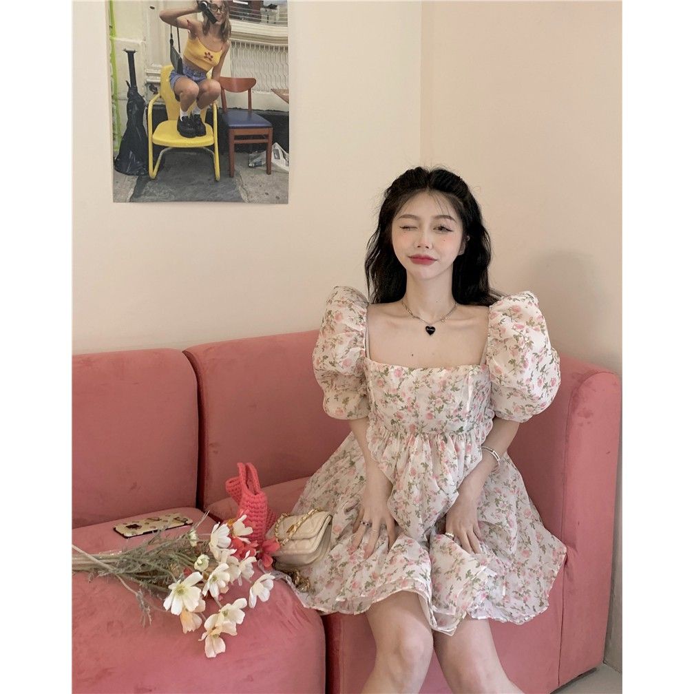 Đầm Tay Phồng Cổ Vuông Họa Tiết Hoa Phong Cách Mori Pháp Thời Trang Mùa Hè Xinh Xắn Cho Nữ