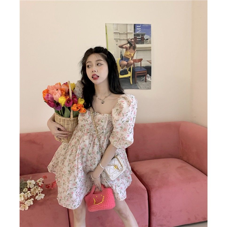Đầm Tay Phồng Cổ Vuông Họa Tiết Hoa Phong Cách Mori Pháp Thời Trang Mùa Hè Xinh Xắn Cho Nữ