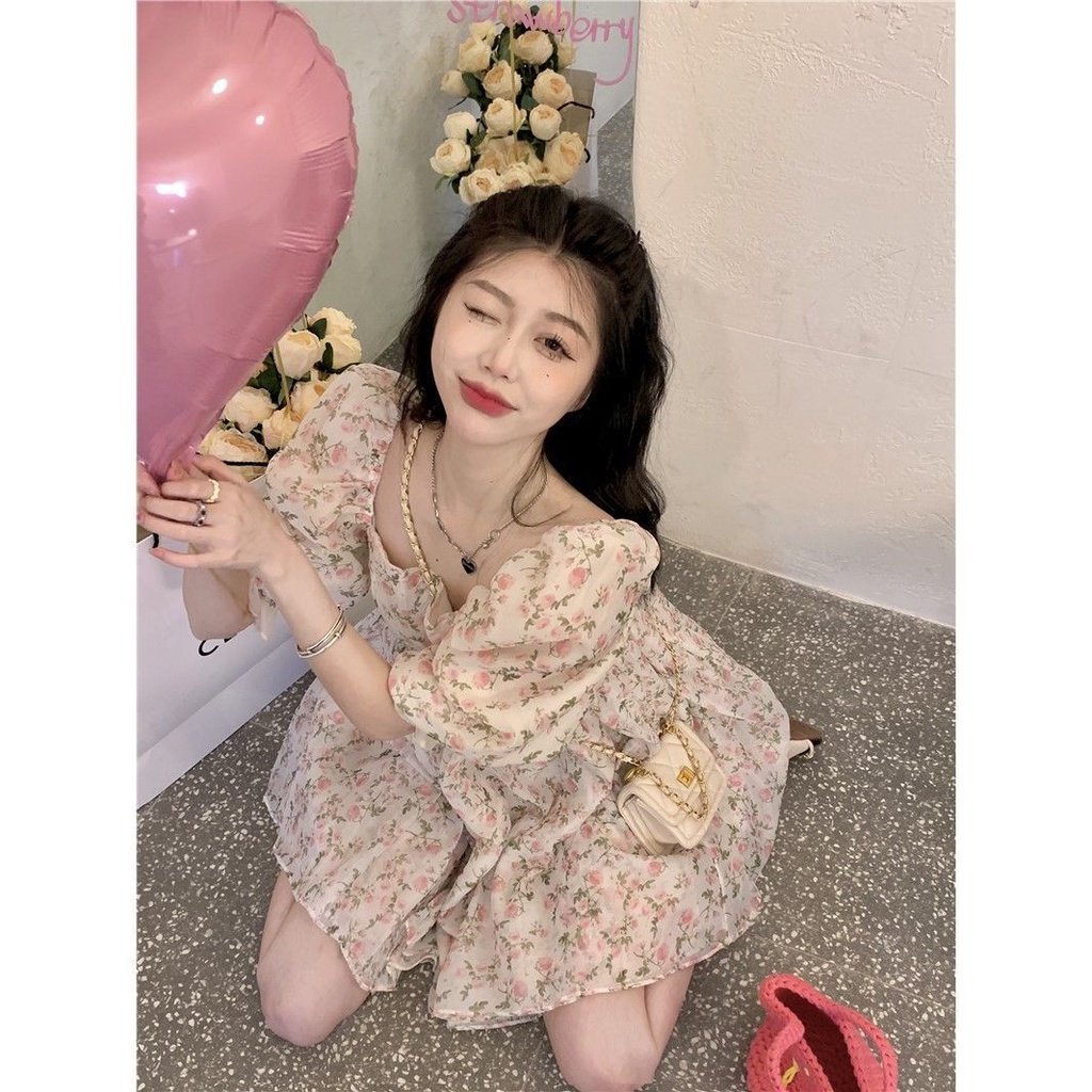 Đầm Tay Phồng Cổ Vuông Họa Tiết Hoa Phong Cách Mori Pháp Thời Trang Mùa Hè Xinh Xắn Cho Nữ