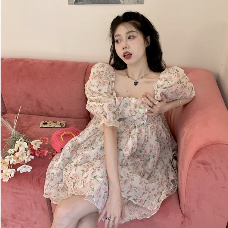 Đầm Tay Phồng Cổ Vuông Họa Tiết Hoa Phong Cách Mori Pháp Thời Trang Mùa Hè Xinh Xắn Cho Nữ