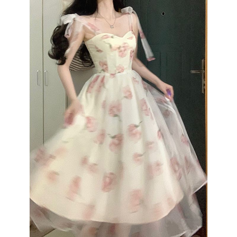 Đầm Công Chúa Hai Dây Thắt Nơ Họa Tiết Hoa Nhỏ Xinh Xắn Thời Trang Mùa Hè Cho Bạn Gái
