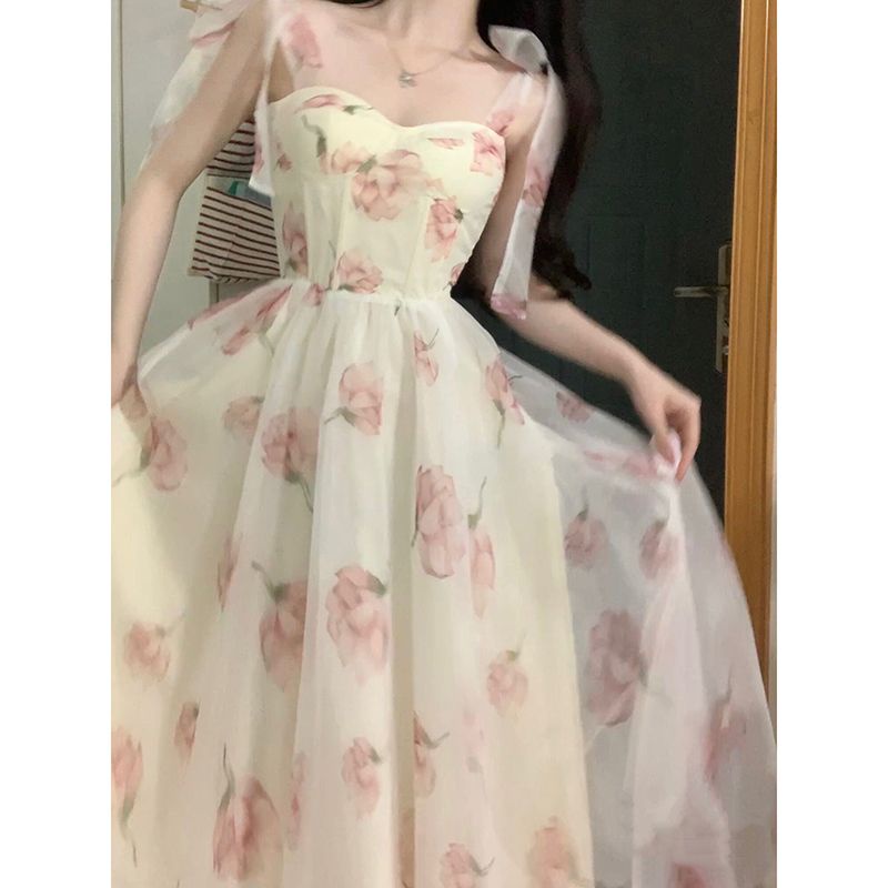 Đầm Công Chúa Hai Dây Thắt Nơ Họa Tiết Hoa Nhỏ Xinh Xắn Thời Trang Mùa Hè Cho Bạn Gái