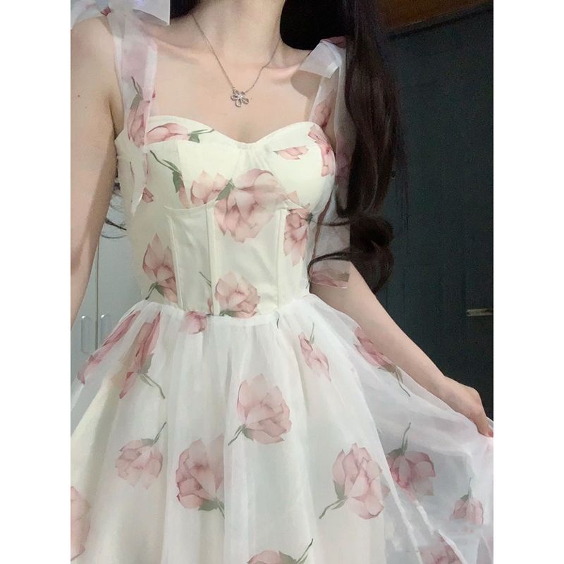 Đầm Công Chúa Hai Dây Thắt Nơ Họa Tiết Hoa Nhỏ Xinh Xắn Thời Trang Mùa Hè Cho Bạn Gái