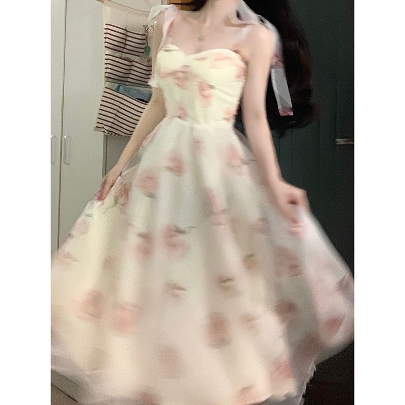 Đầm Công Chúa Hai Dây Thắt Nơ Họa Tiết Hoa Nhỏ Xinh Xắn Thời Trang Mùa Hè Cho Bạn Gái