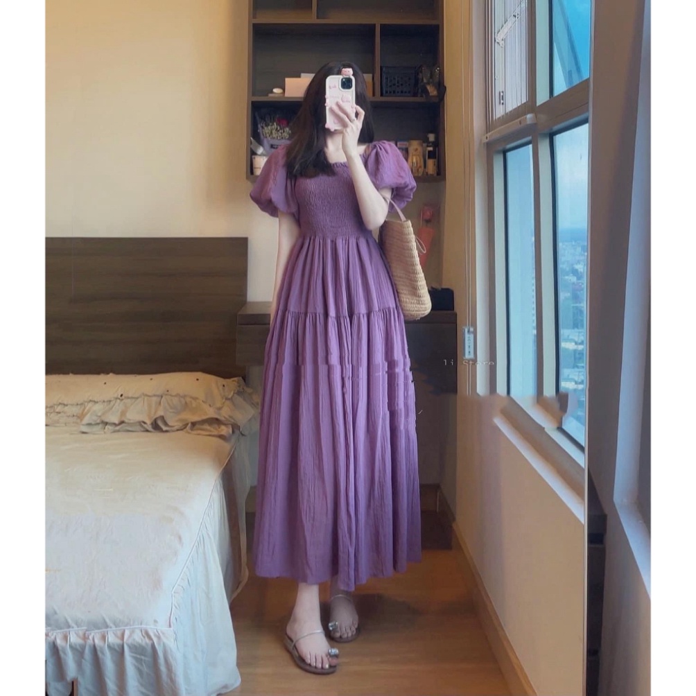 Váy Maxi Trễ Vai Chun Ngực, Vải Đũi Tơ Sọc Nhăn Cao Cấp, Lo Trùng Màu, Lot Cả Tay