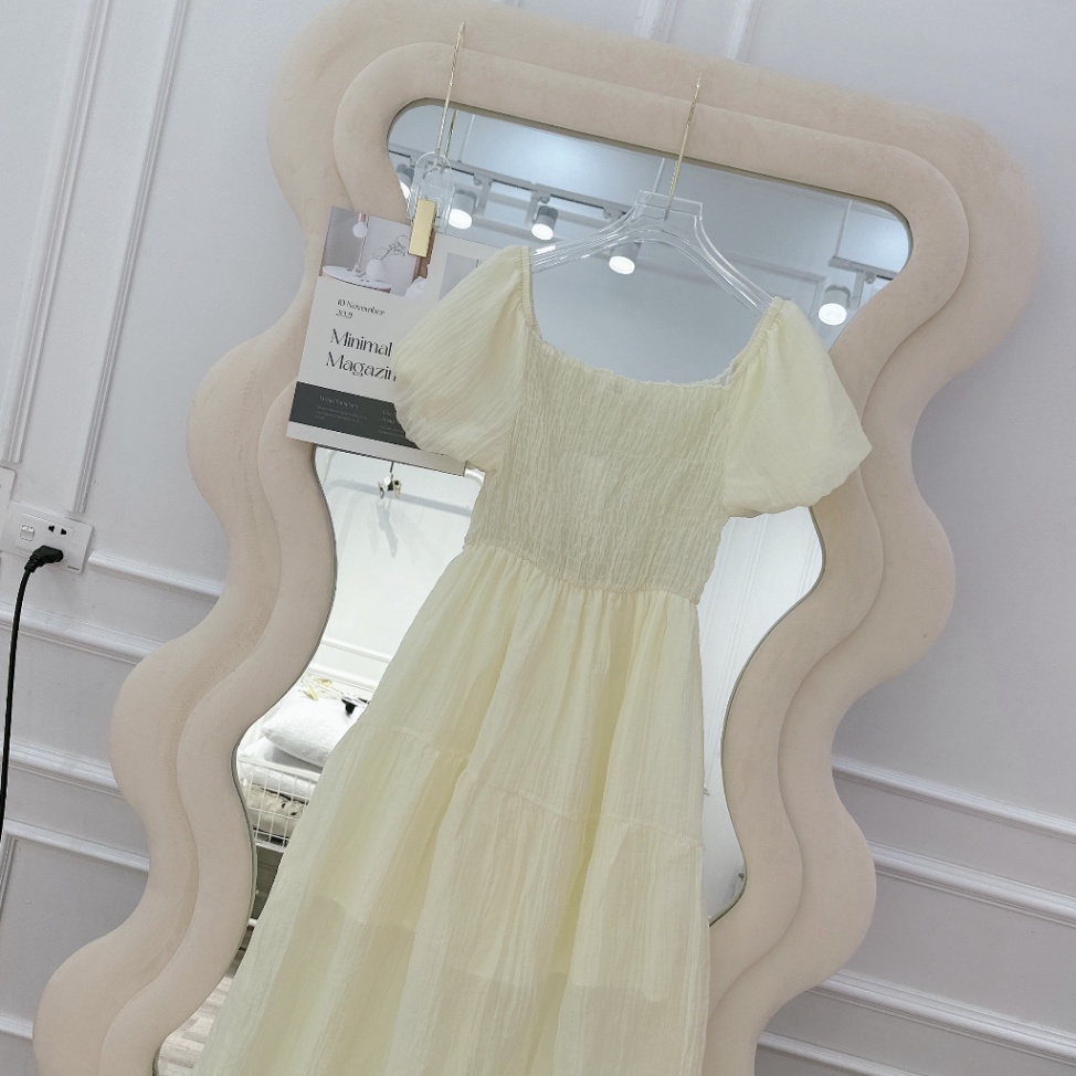 Váy Maxi Trễ Vai Chun Ngực, Vải Đũi Tơ Sọc Nhăn Cao Cấp, Lo Trùng Màu, Lot Cả Tay