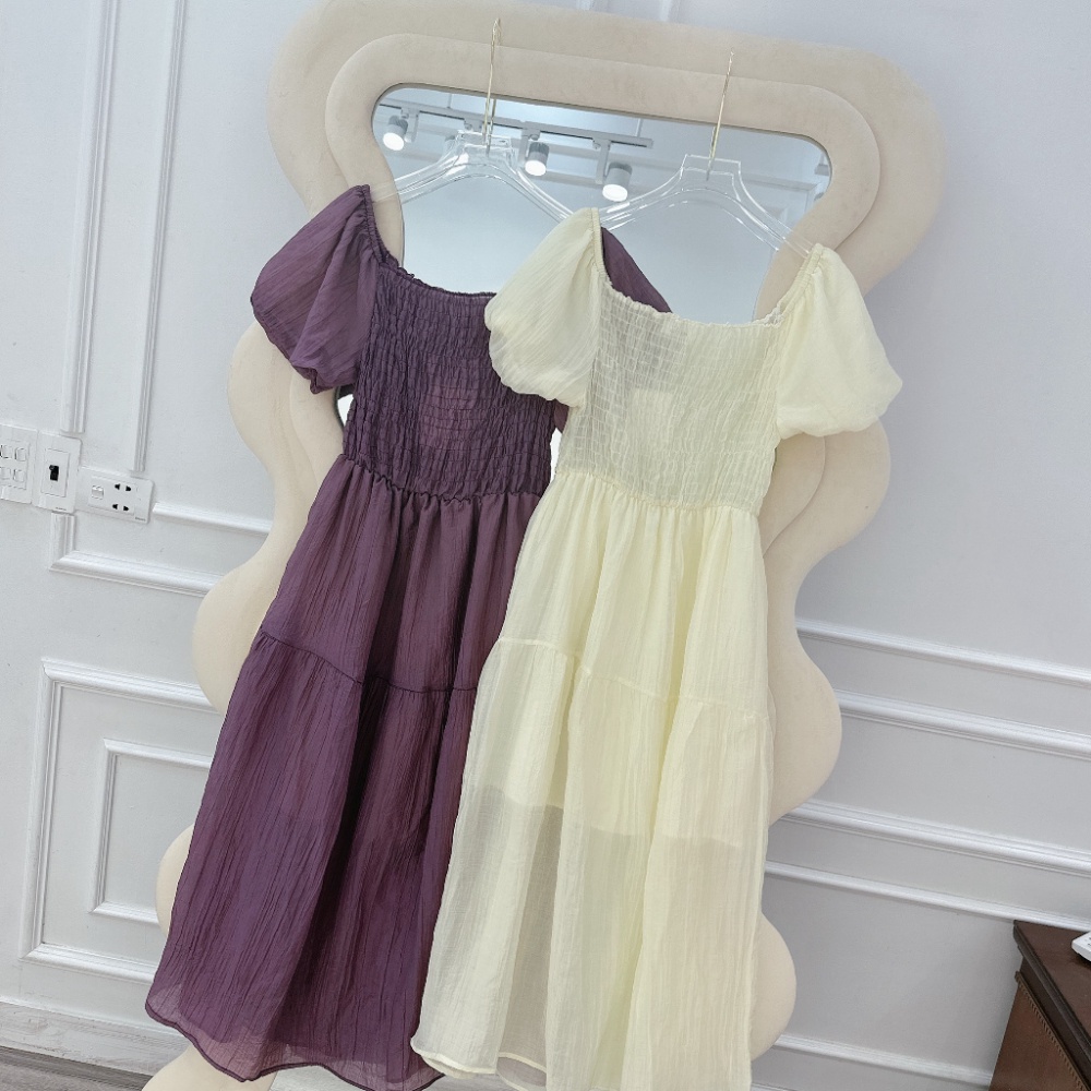 Váy Maxi Trễ Vai Chun Ngực, Vải Đũi Tơ Sọc Nhăn Cao Cấp, Lo Trùng Màu, Lot Cả Tay