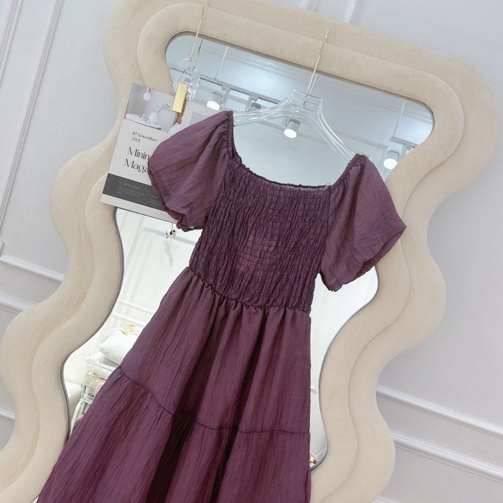 Váy Maxi Trễ Vai Chun Ngực, Vải Đũi Tơ Sọc Nhăn Cao Cấp, Lo Trùng Màu, Lot Cả Tay