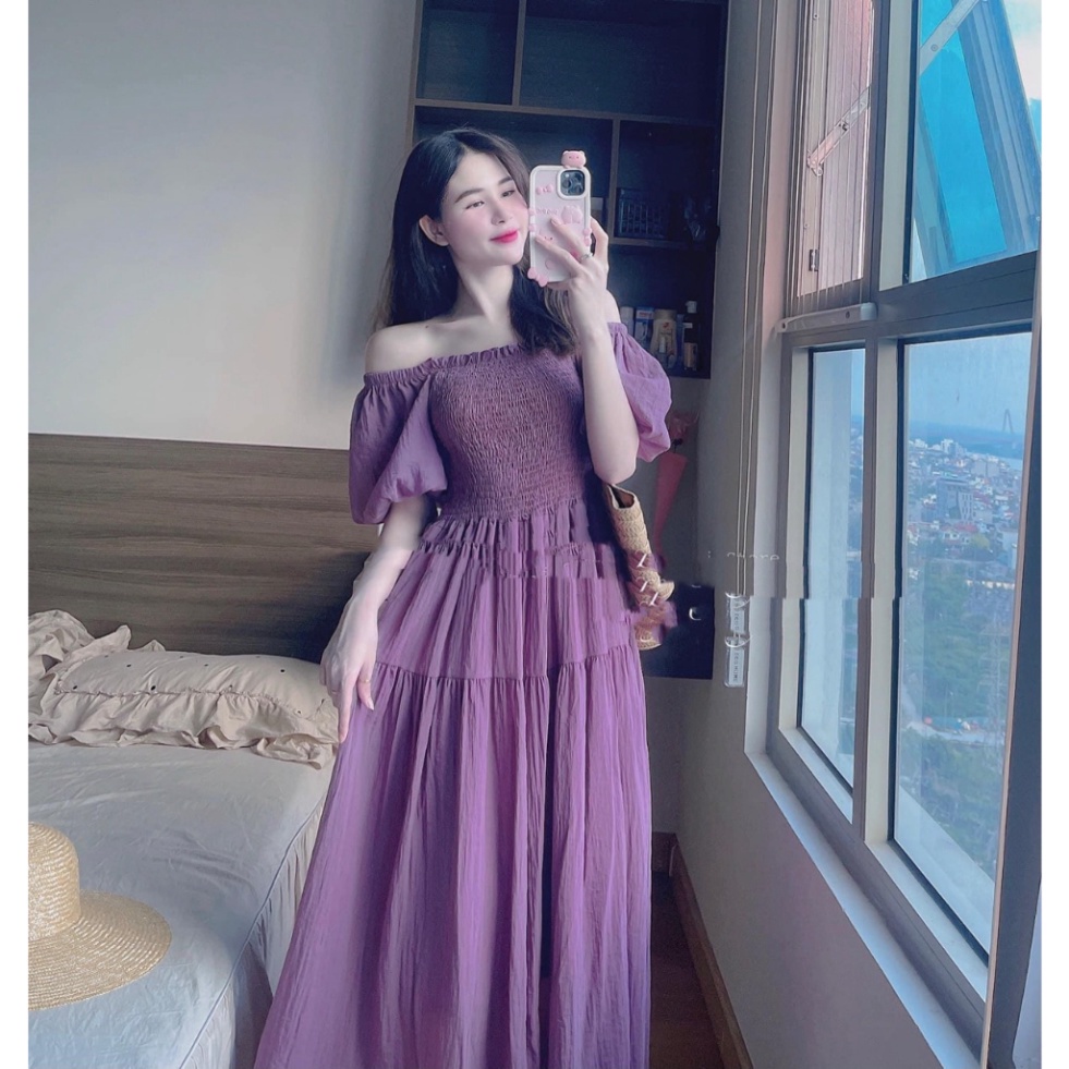 Váy Maxi Trễ Vai Chun Ngực, Vải Đũi Tơ Sọc Nhăn Cao Cấp, Lo Trùng Màu, Lot Cả Tay