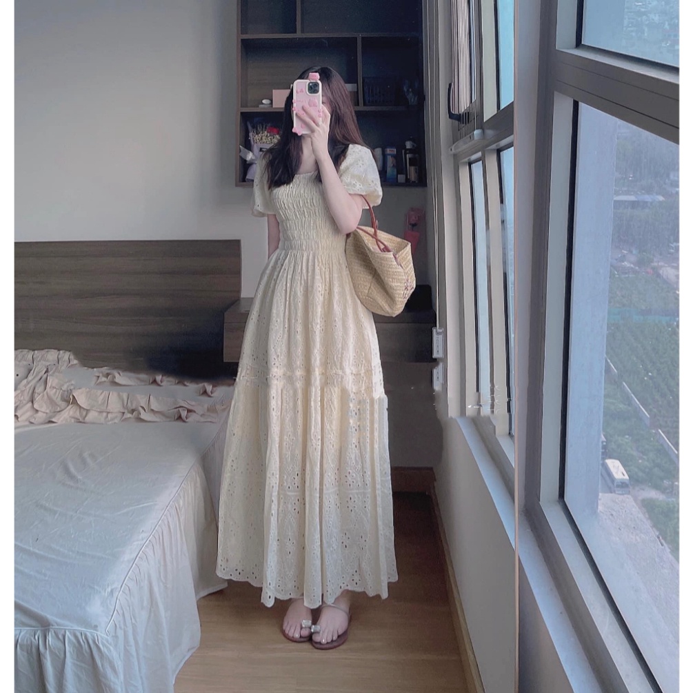 Váy Maxi Trễ Vai Chun Ngực, Vải Đũi Tơ Sọc Nhăn Cao Cấp, Lo Trùng Màu, Lot Cả Tay