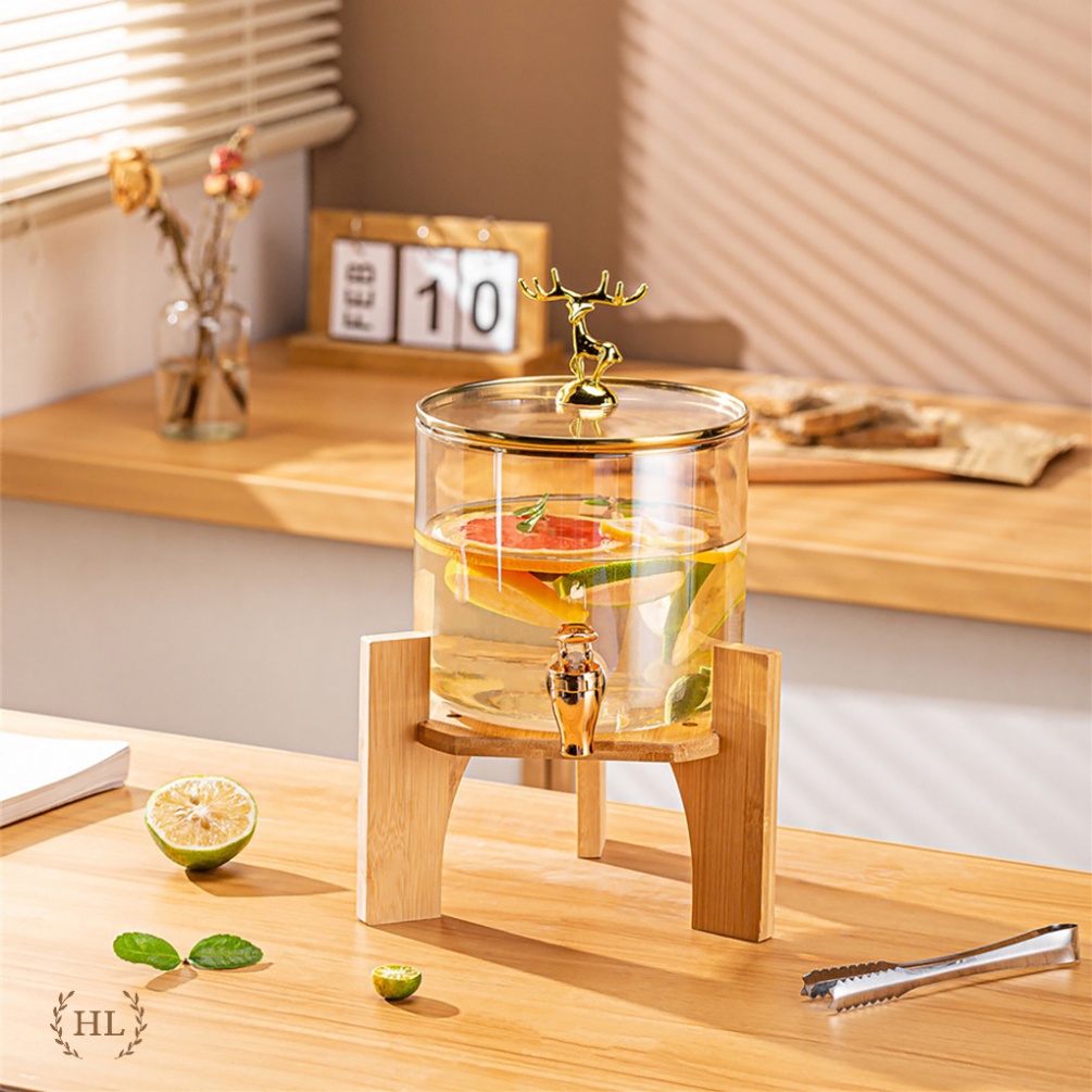 Bình có vòi kèm kệ gỗ tre | Bình Hươu Vàng Decor 2.6 Lít nắp Inox Vàng | Bình Vàng cò mồi Tre Borosilicate