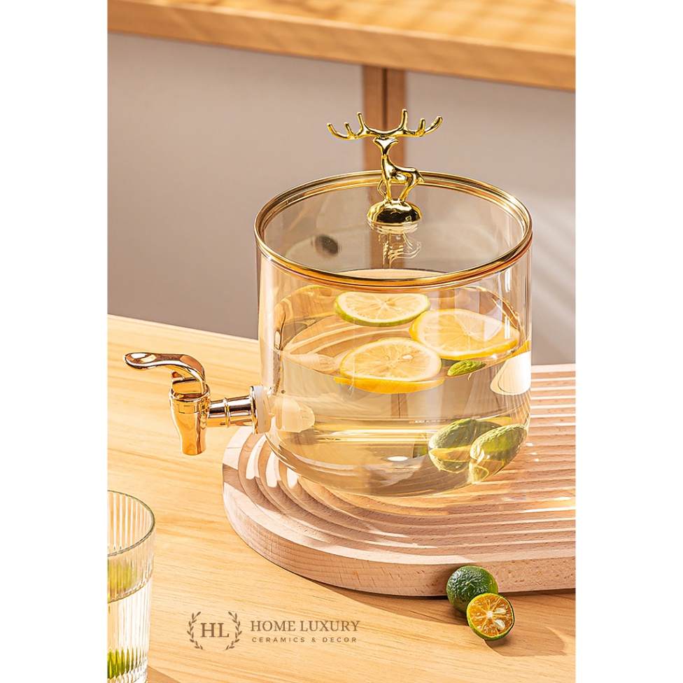 Bình có vòi kèm kệ gỗ tre | Bình Hươu Vàng Decor 2.6 Lít nắp Inox Vàng | Bình Vàng cò mồi Tre Borosilicate