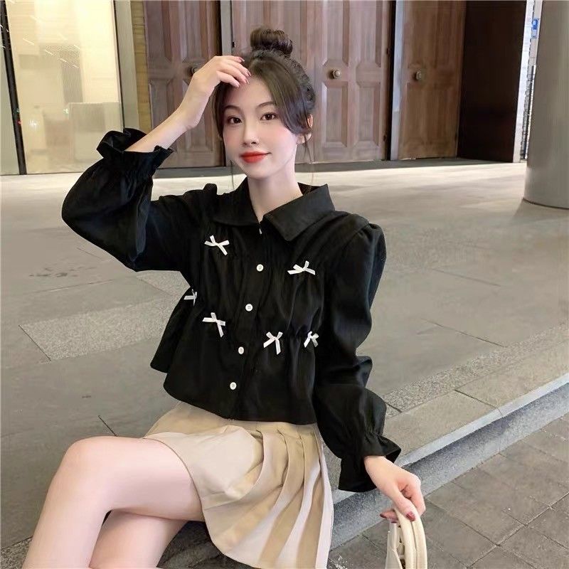 Jiashucheng Áo Sơ Mi Ngắn Rộng Tay Dài Thiết Kế Thắt Nơ Phong Cách Mới 2023 Dành Cho Bạn Nữ