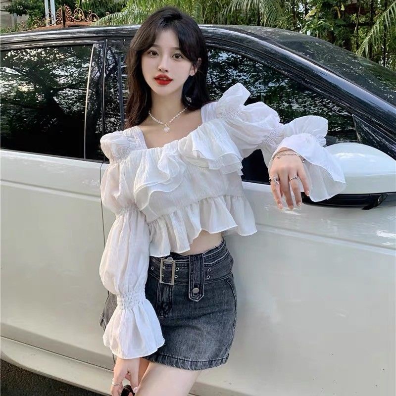 Jiashucheng Áo Sơ Mi Tay Dài Phồng Cổ Vuông Phong Cách Phương Tây Thời Trang Mùa Thu Mới Cho Nữ