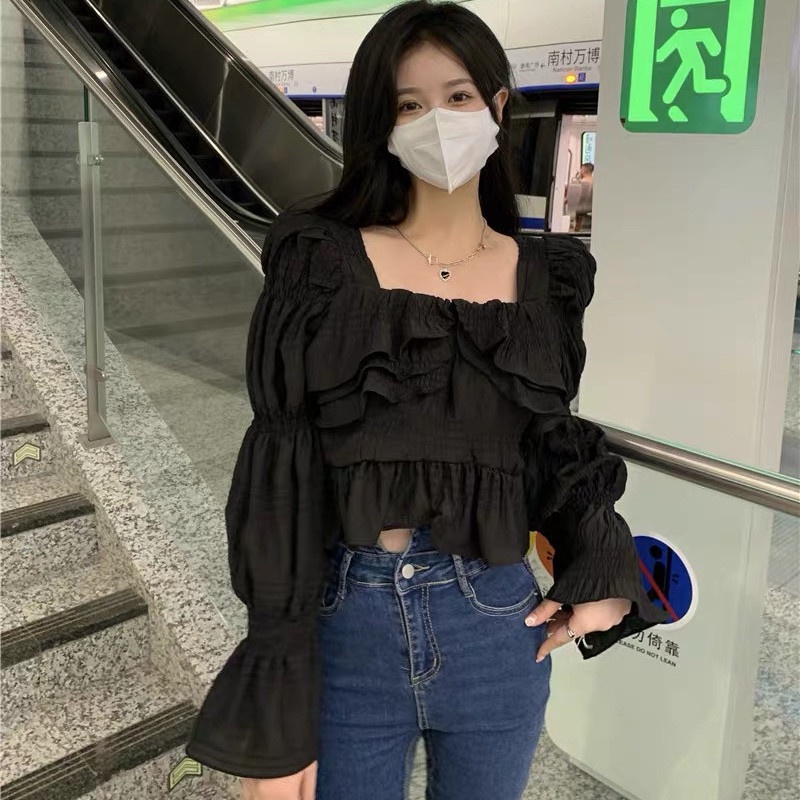 Jiashucheng Áo Sơ Mi Tay Dài Phồng Cổ Vuông Phong Cách Phương Tây Thời Trang Mùa Thu Mới Cho Nữ