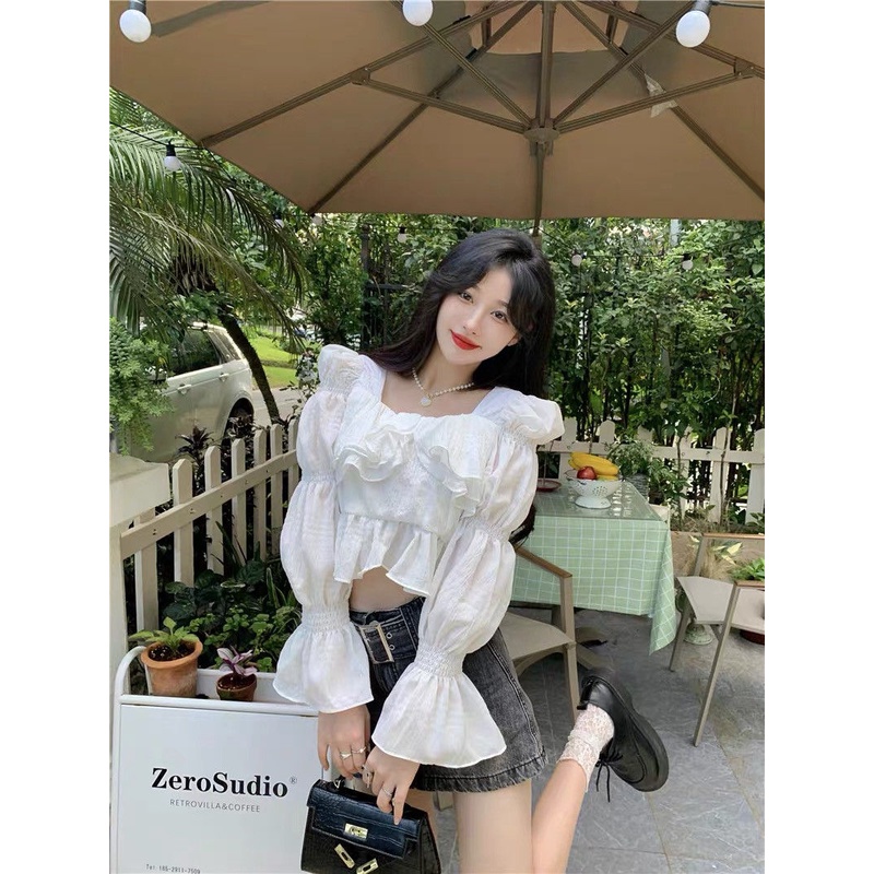 Jiashucheng Áo Sơ Mi Tay Dài Phồng Cổ Vuông Phong Cách Phương Tây Thời Trang Mùa Thu Mới Cho Nữ